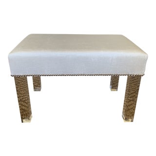 White Velvet Upholstered Lucite Bench With Nailhead For Sale
