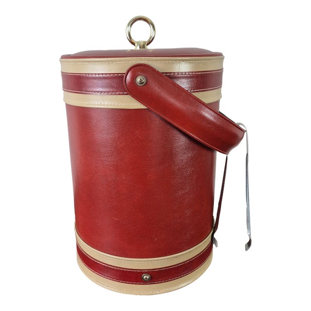 1970s Georges Briard Red Faux Leather Tall Ice Bucket Champagne Cooler For Sale