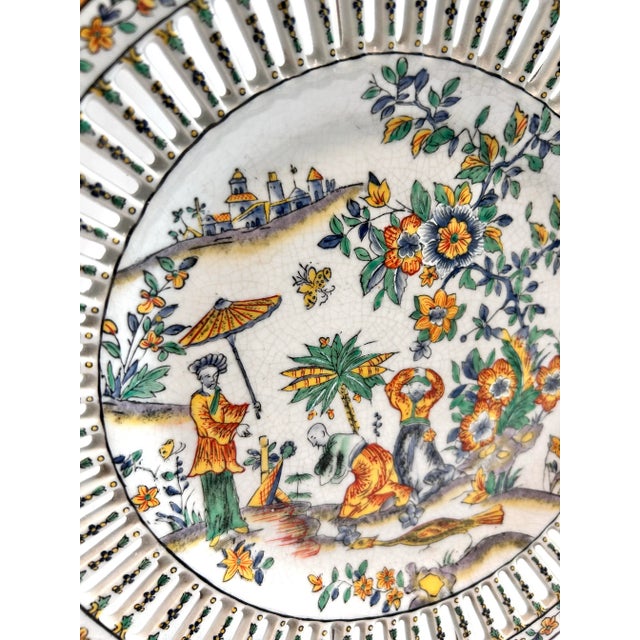 Chinoiserie Antique Chinoiserie Porcelain Wall Plate – Openwork Rim Asian Scene Decor, 1897 For Sale - Image 3 of 8