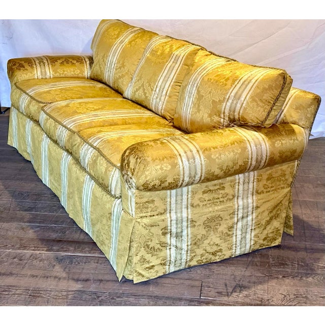 English Classic English Roll Arm Sofa in Golden Damask – Skirted, Tailored, Designer Ready For Sale - Image 3 of 10