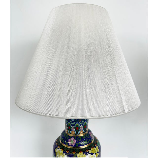 Late 20th Century Chinese Cloisonné Table Lamps Birds Flowers, New String Shades, Pair For Sale - Image 11 of 15
