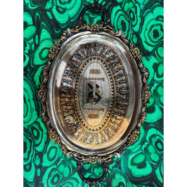 Up for consideration is a beautiful vintage Egyptian style silver serving tray with handles. This would look lovely in...