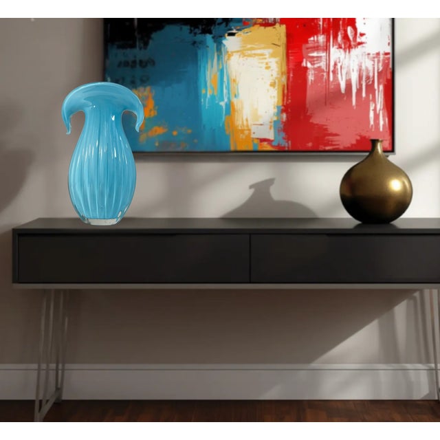 Aqua Art Glass Aqua Blue Vase Crescent Clam Lip Fluted Vase For Sale - Image 8 of 17