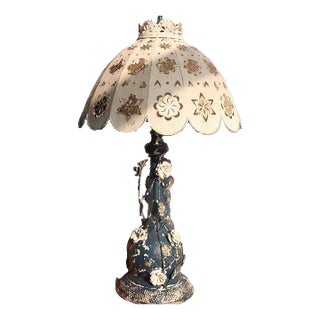 Distressed Retro Iron Carved Table Lamp For Sale