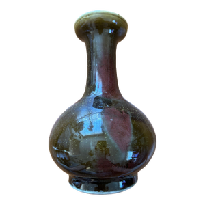 Vintage Chinese Oxblood & Olive Flambé Glazed Porcelain Bottle Vase