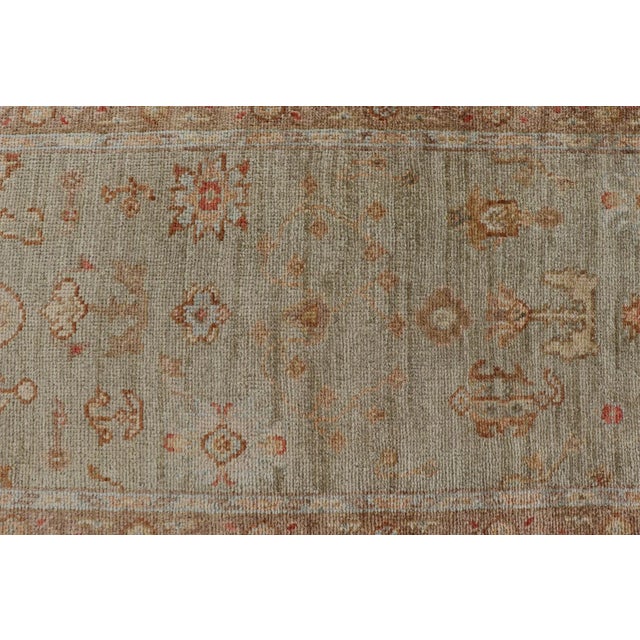 Taupe Turkish Angora Oushak Runner in Green, Taupe and Light Brown For Sale - Image 8 of 12
