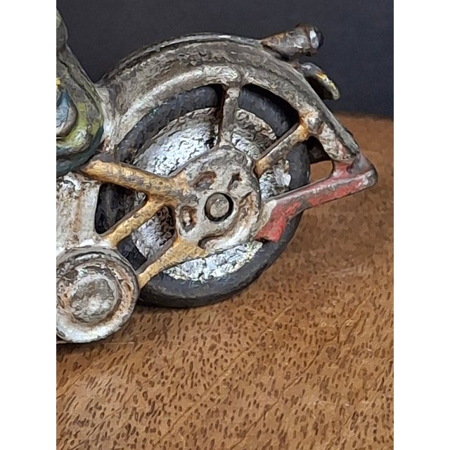 Antique 1930s Hubley Cast Iron "Patrol" Cop Police Motorcycle Toy | Green Paint & Integral Officer Rider 6.25" For Sale - Image 15 of 17
