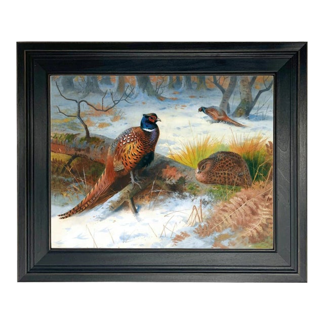 Pheasants in the Snow 11x14" Framed Oil Painting Print on Canvas For Sale