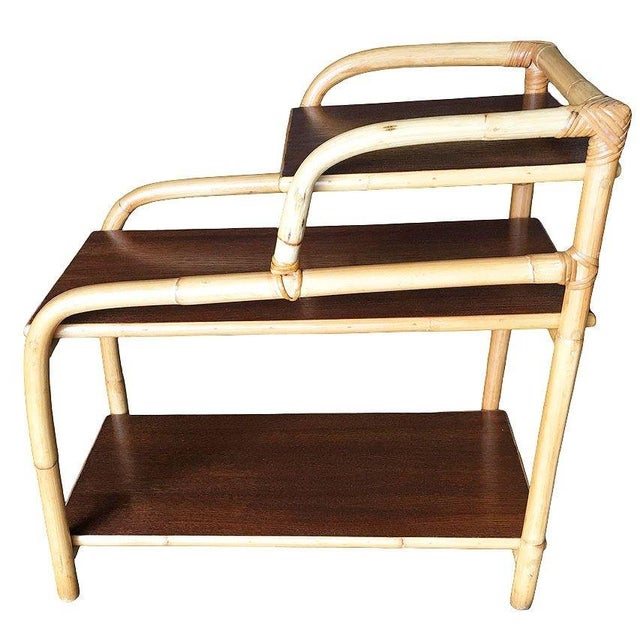 Restored Mid-Century Rattan Side Lamp Table With Three-Tier Mahogany Tops For Sale In Los Angeles - Image 6 of 7