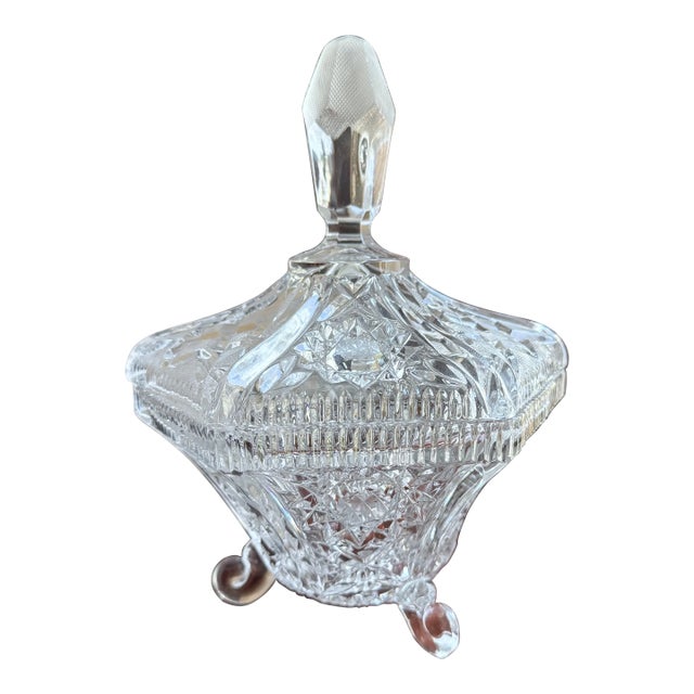 Early 20th Century Mid-Century Modern Hexagonal Cut Crystal Lidded Footed Candy Dish For Sale
