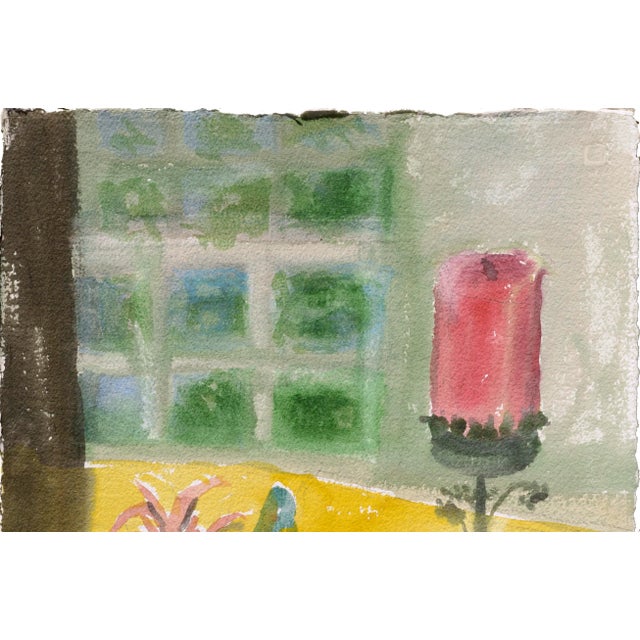 Colorful watercolor still life with plant, fruit and a red candle by Les (Leslie Luverne) Anderson (American, 1928-2009)....