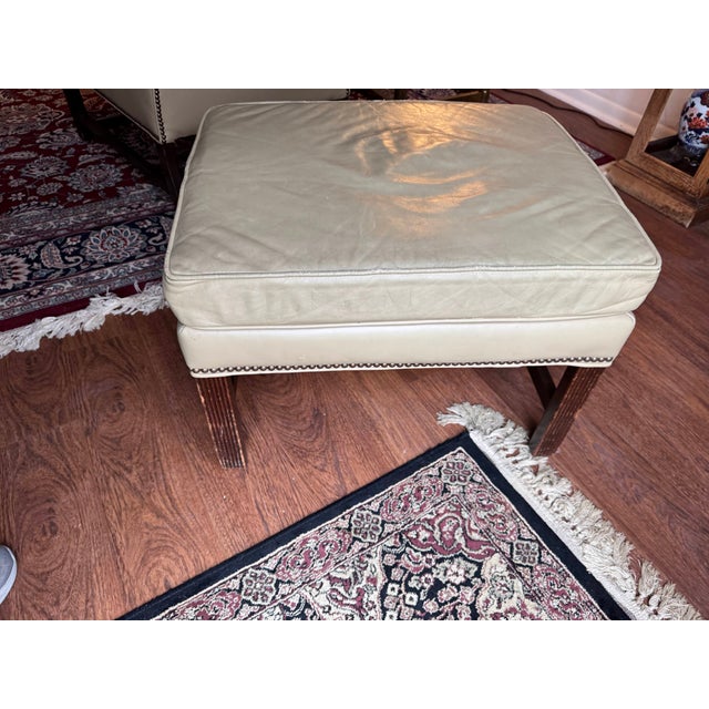 VTG Classic Leather Inc Mahogany Chippendale Wingback Chair Ottoman Beige Set For Sale - Image 15 of 15