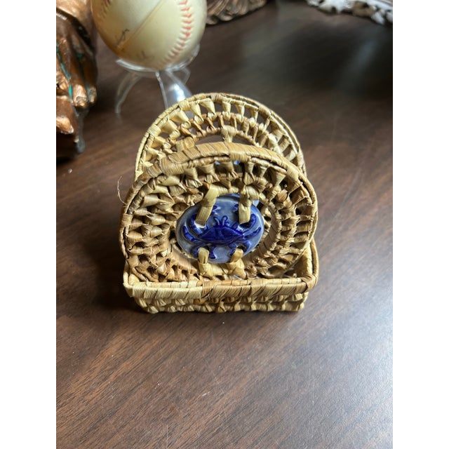 Nautical 1970s Ceramic Blue Crab Coasters With Wicker Edges and Basket - a Pair For Sale - Image 3 of 8