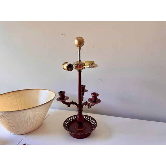 Red Late 20th Century Three Candle Red Tole Bouillotte Lamp For Sale - Image 8 of 12