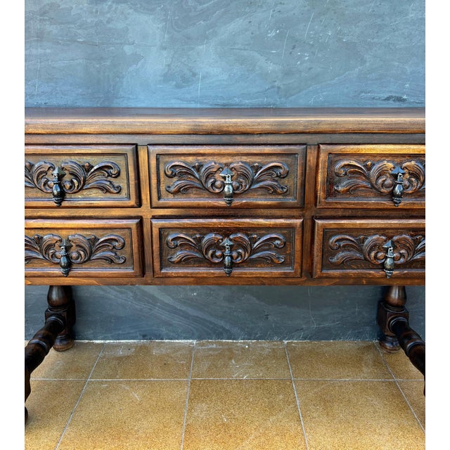 Wood Spanish Renaissance Revival Oak Six-Drawer Console with Carved Panels, 1930s For Sale - Image 7 of 9