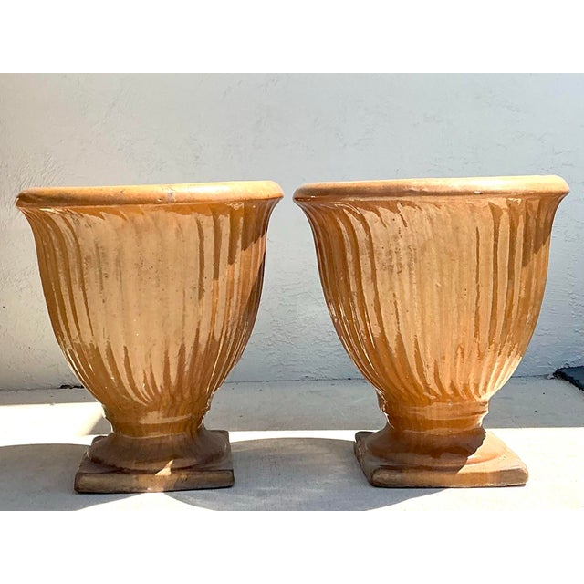 Tan Vintage Glazed Terracotta Planters - A Pair For Sale - Image 8 of 12