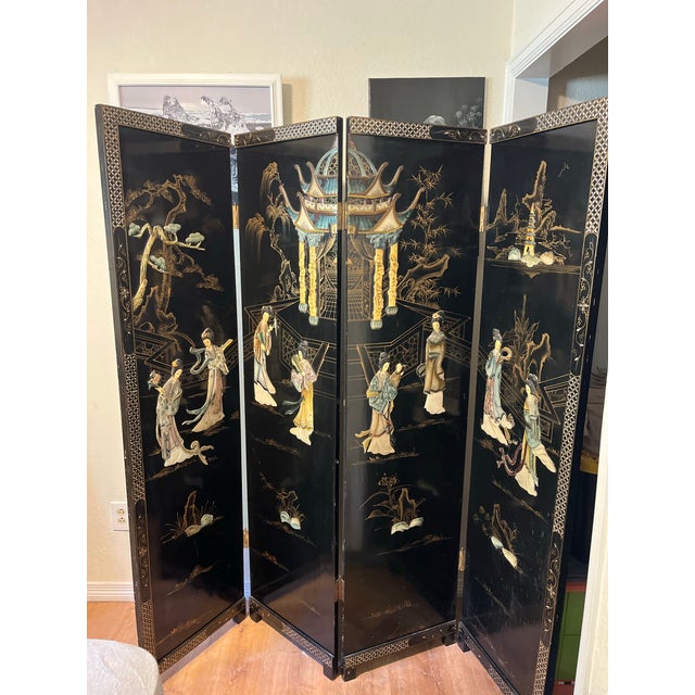 Chinese Mid-20th Century Chinese Black Lacquer 4-Panel Room Divider Screen With Carved Soapstone & Mother-of-Pearl Inlay For Sale - Image 3 of 9