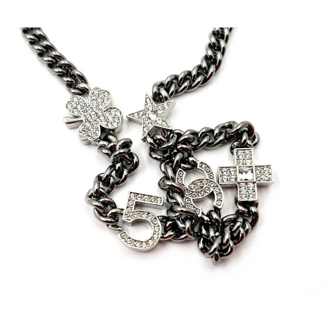 Contemporary Chanel Brand New Silver 5 Crystal Charms Gunmetal Chain Choker Necklace For Sale - Image 3 of 4