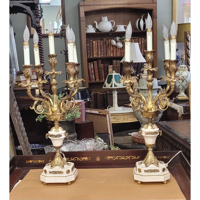 Brass 1950s Pair French Stone and Gilt Brass Candelabra Lamps For Sale - Image 8 of 16