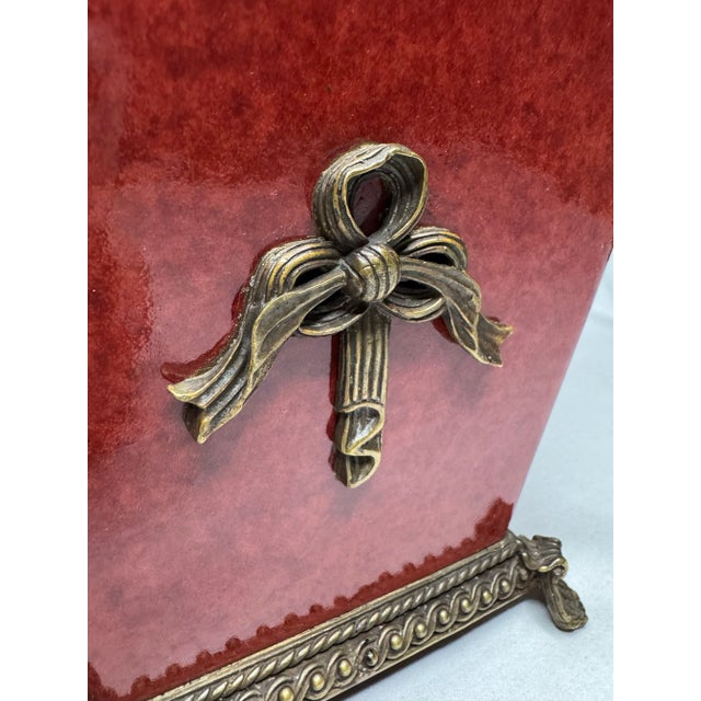 French Provincial Ceramic Solid Brass Bow Red Jardiniere For Sale - Image 11 of 11