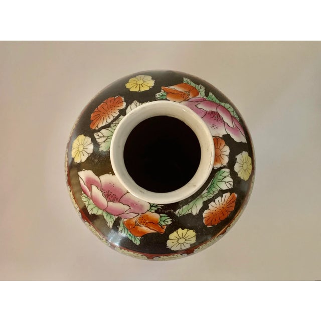 Large ceramic vintage vase with pink, orange floral and bird all over decoration and gilt accenting In excellent...