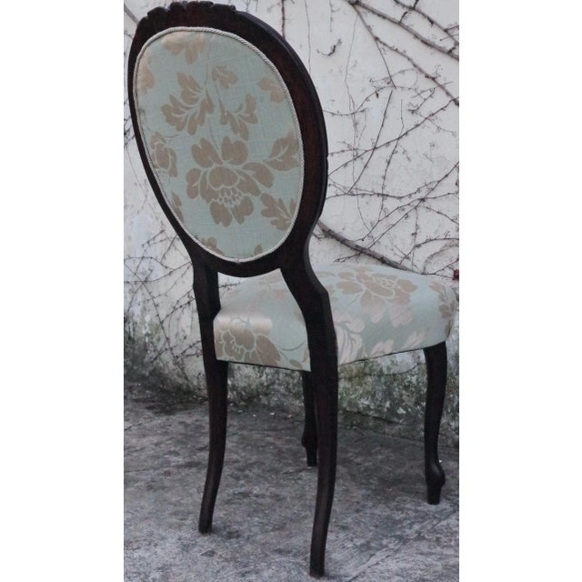 1800s restored antique chair in walnut & damask fabric with floral embroidery in rope.