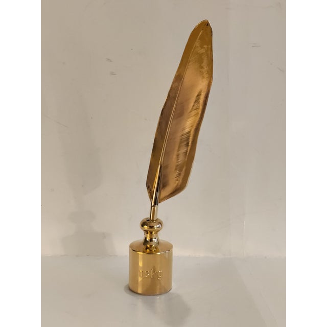 Vintage Gilt Gold Solid Brass Quill Pen and Inkwell Set For Sale - Image 10 of 10