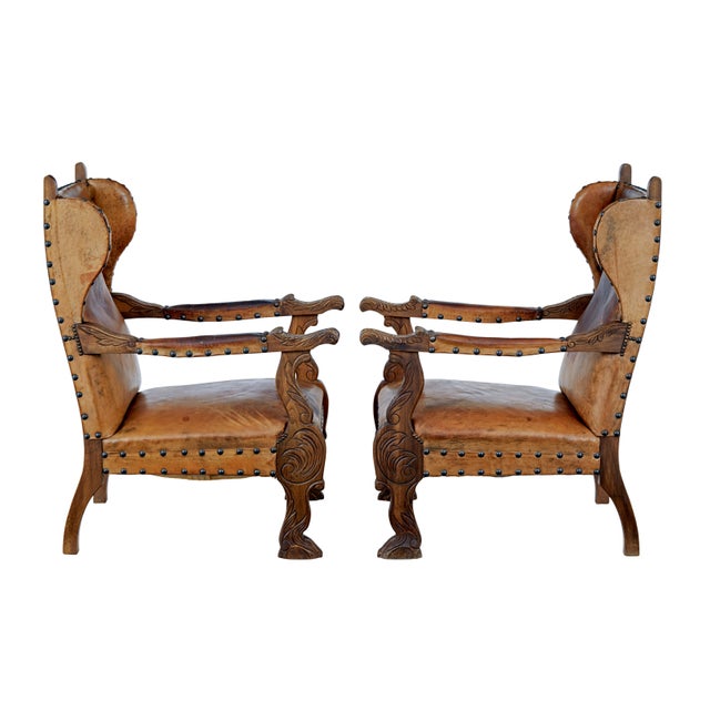 Late 19th Century Carved Oak and Leather Armchairs, 1890, Set of 2 For Sale - Image 5 of 10