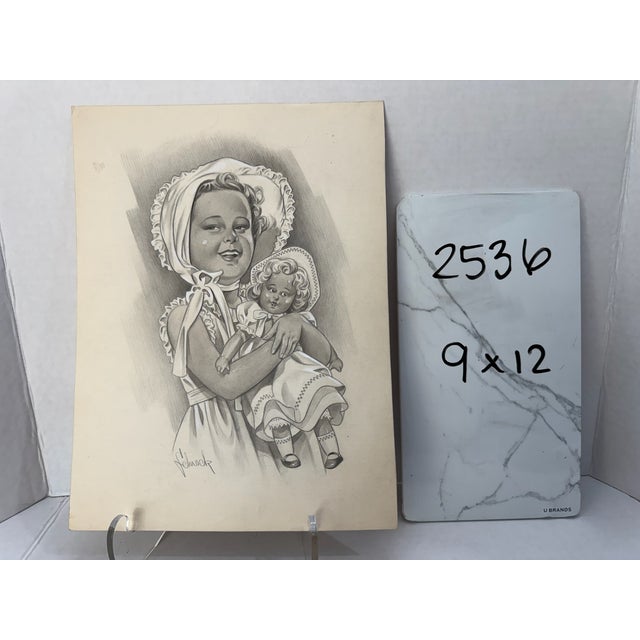 1940s Original Signed Graphite Illustration of Girl Holding Doll, 12 × 9 In. For Sale In Atlanta - Image 6 of 6