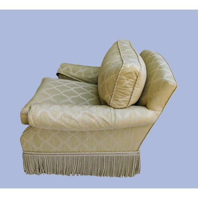 Textile 1980s Elegant Custom Made Gold Trellis Pattern Deep Seat Armchair With Bullion Fringe and Slip Covers For Sale - Image 7 of 10