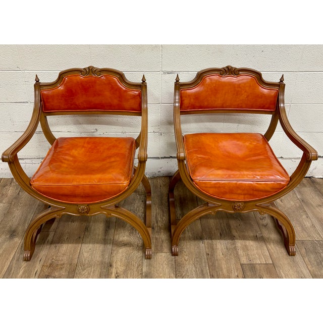 Victorian Vintage Hibriten Victorian Style Carved Walnut Savonarola Parlor Armchairs For Sale - Image 3 of 12