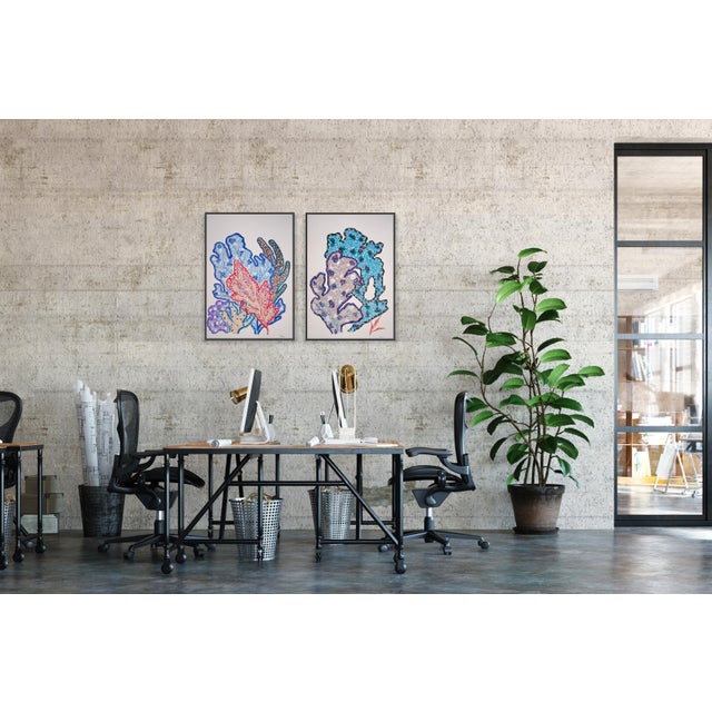 Paper Botanical Marine, Large Blue Wall Art, Coral Bouquets, Gouache Crayon on Watercolor Paper by Romina Milano - Set of 2 For Sale - Image 7 of 10