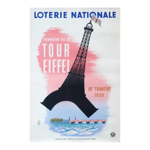 1939 French Loterie Nationale Poster - Eiffel Tower, Tour Eiffel