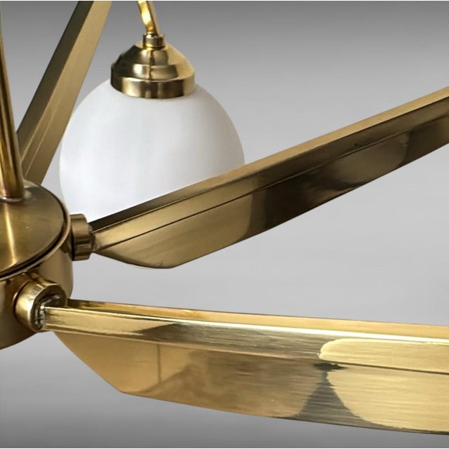 Mid 20th Century Stilnovo Style Italian Brass Six-Light Chandelier With Opaline Glass Globes For Sale - Image 13 of 18