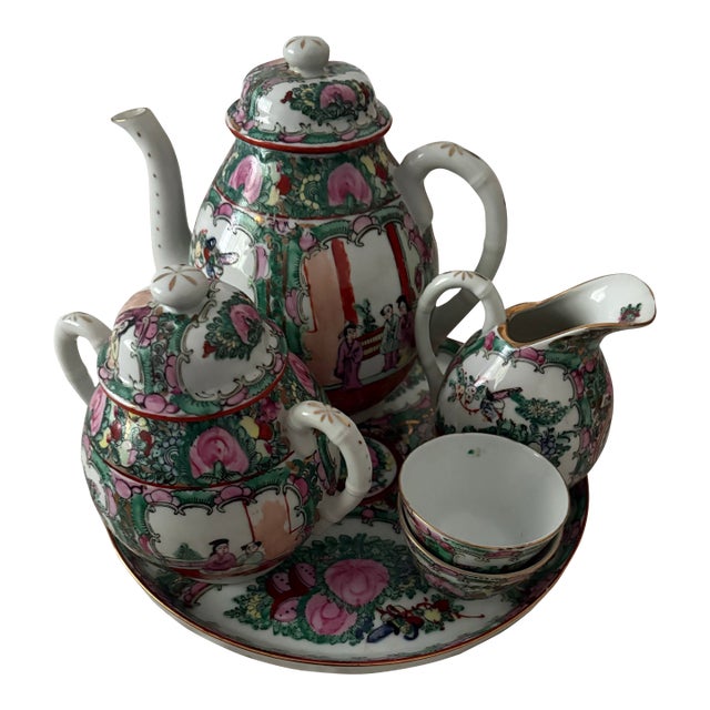 Vintage Porcelain Rose Medallion Coffee Tea Service Set of 6 For Sale