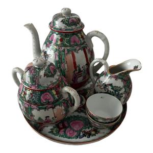 Vintage Porcelain Rose Medallion Coffee Tea Service Set of 6