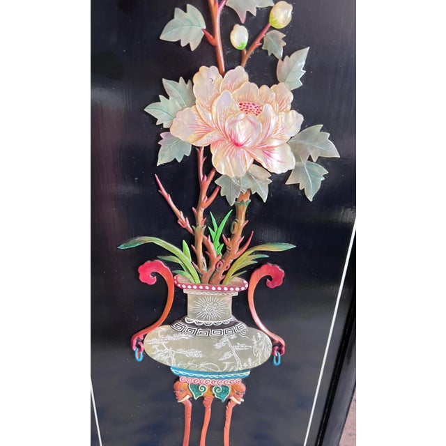 1960s Mother of Pearl Wall Panel Lacquered Black Lotus Flower Elephant Leg Vase For Sale - Image 10 of 12