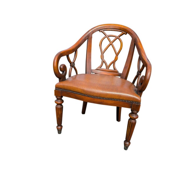 Brown Late 20th Century Pair of Traditional Walnut Leather Upholstered Armchairs With Cabriole Scroll Arms For Sale - Image 8 of 10