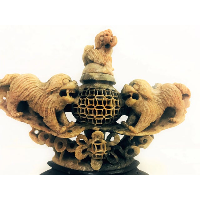 Mid-Century Modern Vintage Carved Chinese Soapstone Incense Burner With Three Foo Dogs For Sale - Image 3 of 13