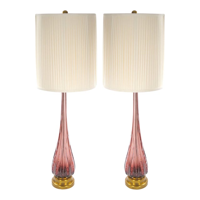 Mid-Century Modern Italian Venetian Glass Ice Purple / Gold Fleck Table Lamps For Sale