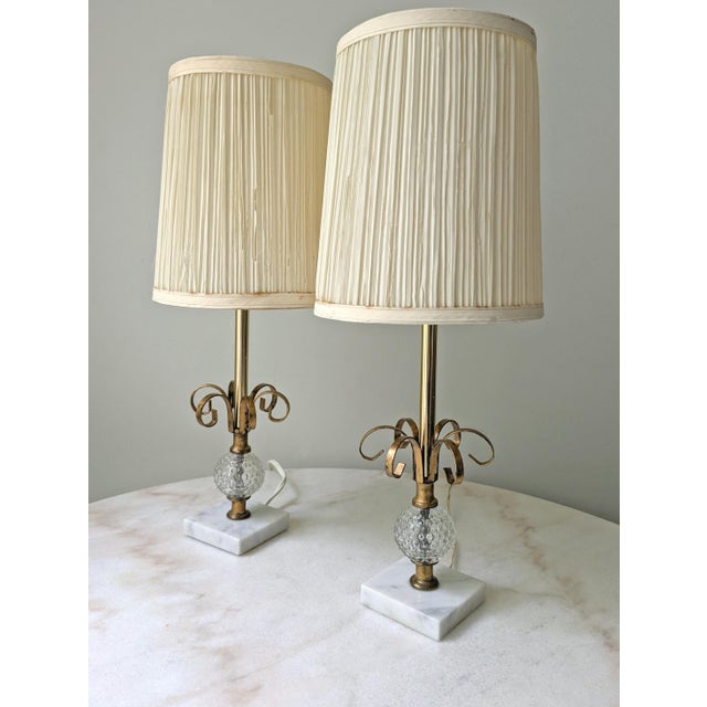 Pair of petite vintage lamps with habnail glass body and marble base.