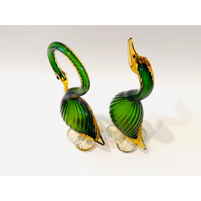 Contemporary 1960s Pair of Mid Century Murano Geese Green and Gold Spiral Glass Sculptures For Sale - Image 3 of 9