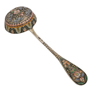 Antique Imperial Russian Sliver Gilt Cloisonné Enamel Tea Strainer Moscow, 1908 For Sale