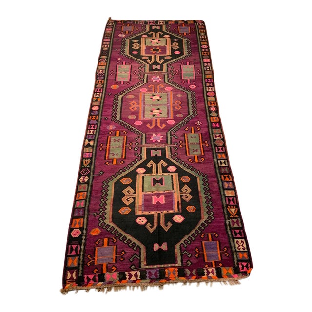 1950s Vintage Handmade Turkish Kilim Rug - 5′7″ × 12′6