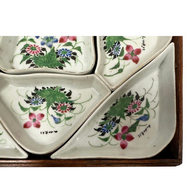 Ceramic Early 20th Century Antique Chinese Famille Rose Sweetmeat Dishes Set With Wooden Box For Sale - Image 7 of 12