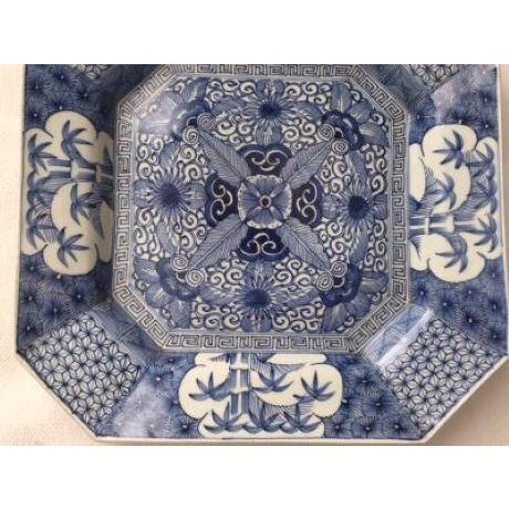 Antique Japanese Blue & White Octagonal Plate With Floral and Bamboo Motifs For Sale - Image 18 of 18