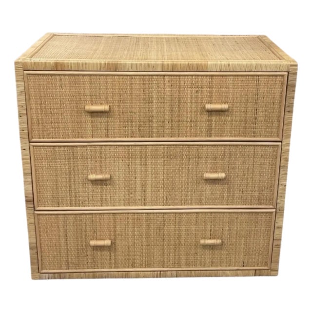 Vintage Palm Beach Style Woven Wicker & Pencil Reed 3-Drawer Chest For Sale