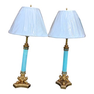 Pair Vintage Blue Murano Glass and Brass Table Lamps For Sale