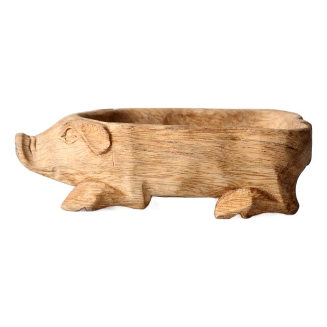 Vintage Hand-Carved Wood Folk Art Pig Bowl For Sale