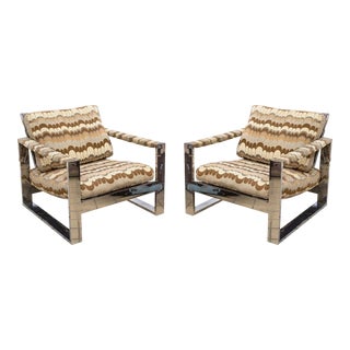Milo Baughman Thayer Coggin Flat Bar Chrome Lounge Chairs Mid Century - A Pair For Sale
